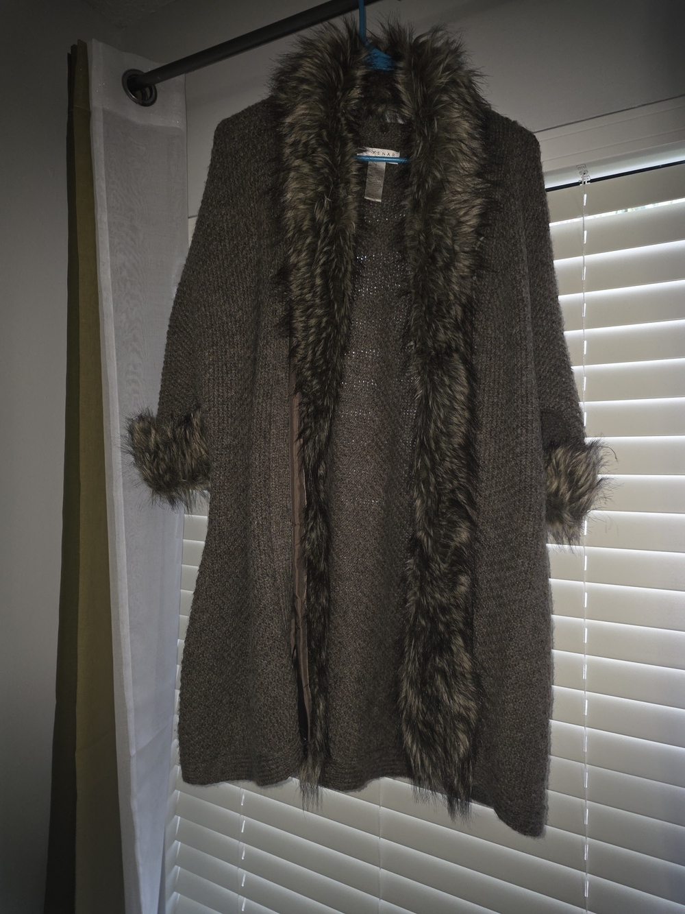 Kenar Taupe Brown Knit Open Cardigan with Faux Fur Trim
